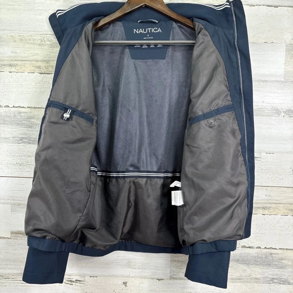 Nautica Mens Navy Blue Jacket Full Zip Hidden Hood Collar Logo Water Resistant S